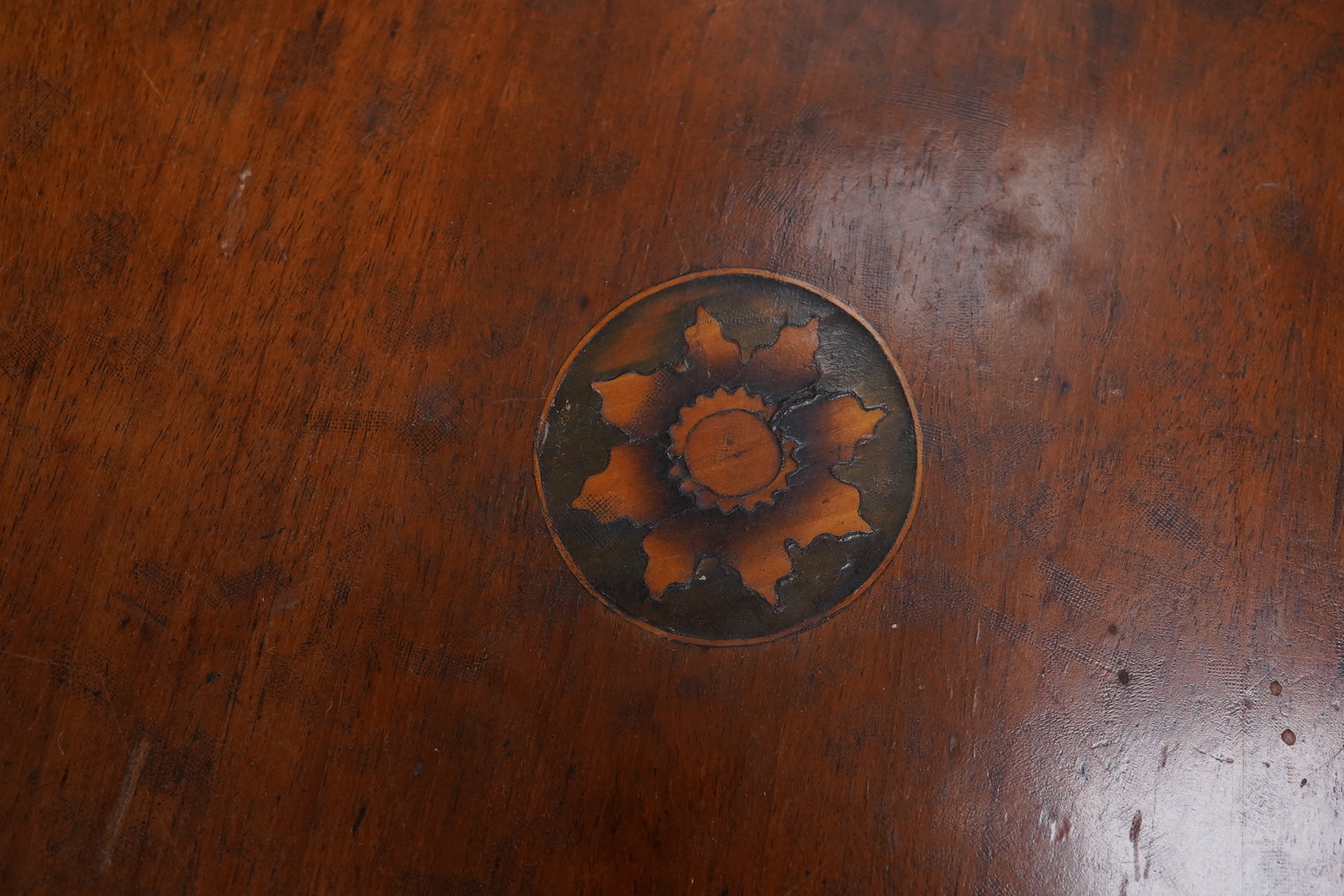 Three various mahogany trays including an Edwardian inlaid and galleried example, largest 61cm wide. Condition - fair